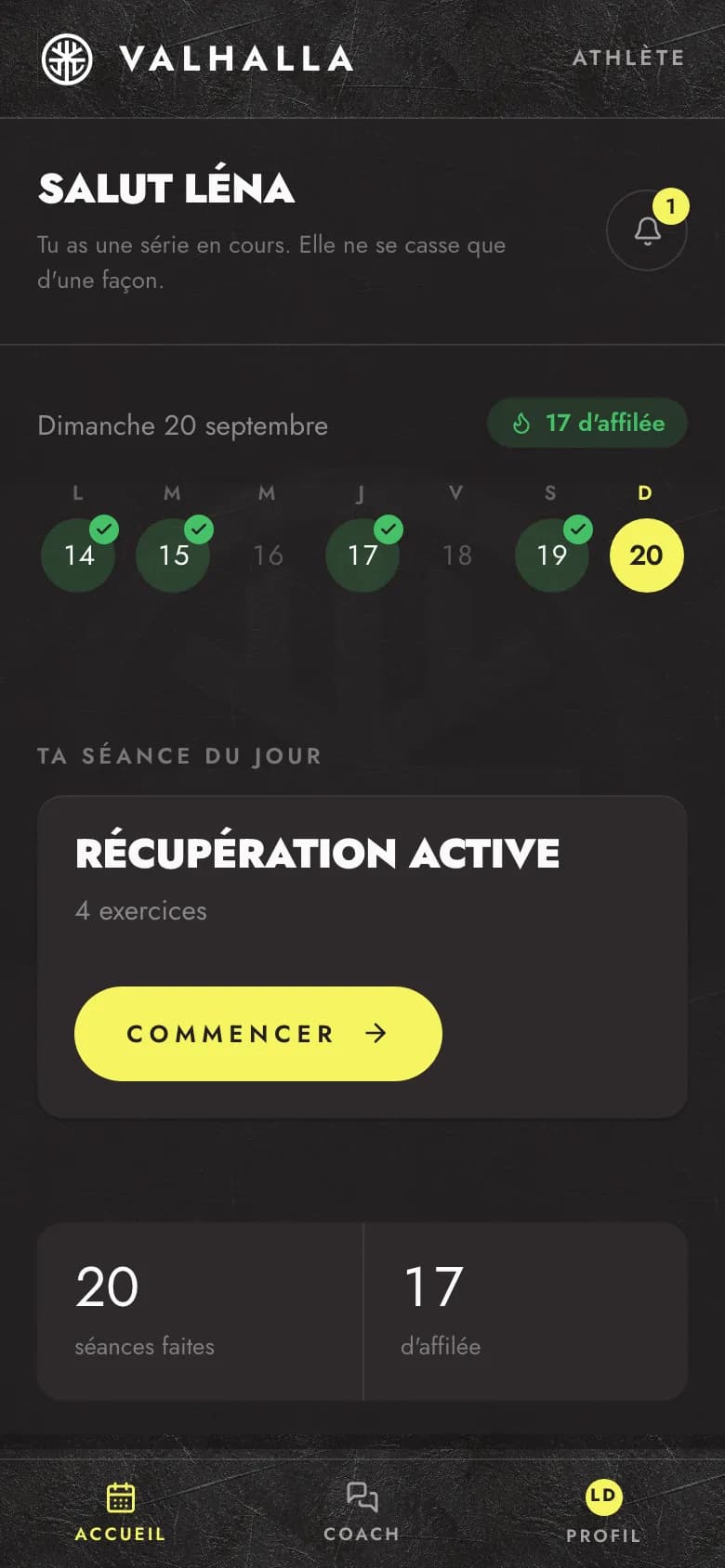 L'accueil de l'app : la semaine et la séance du jour
