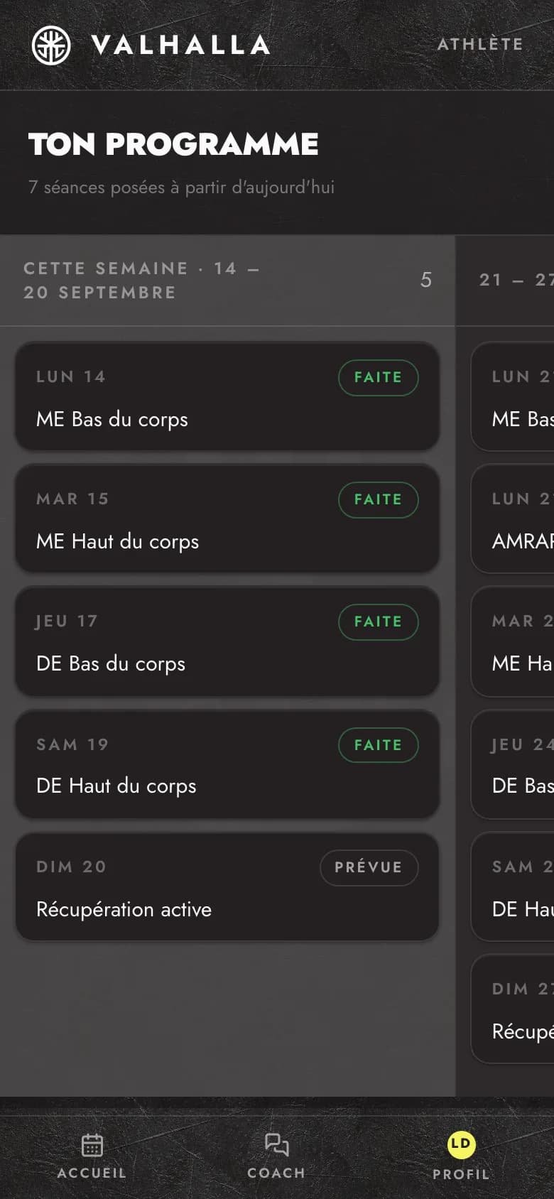 Le programme en colonnes : deux semaines de séances