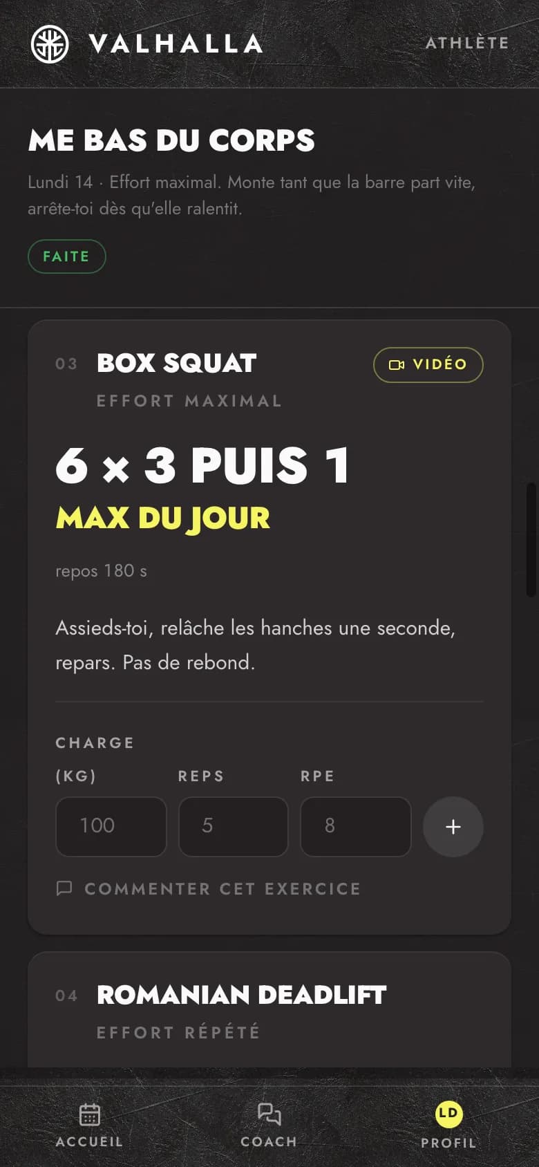 Une séance ouverte : Box squat en effort maximal, avec la saisie des séries